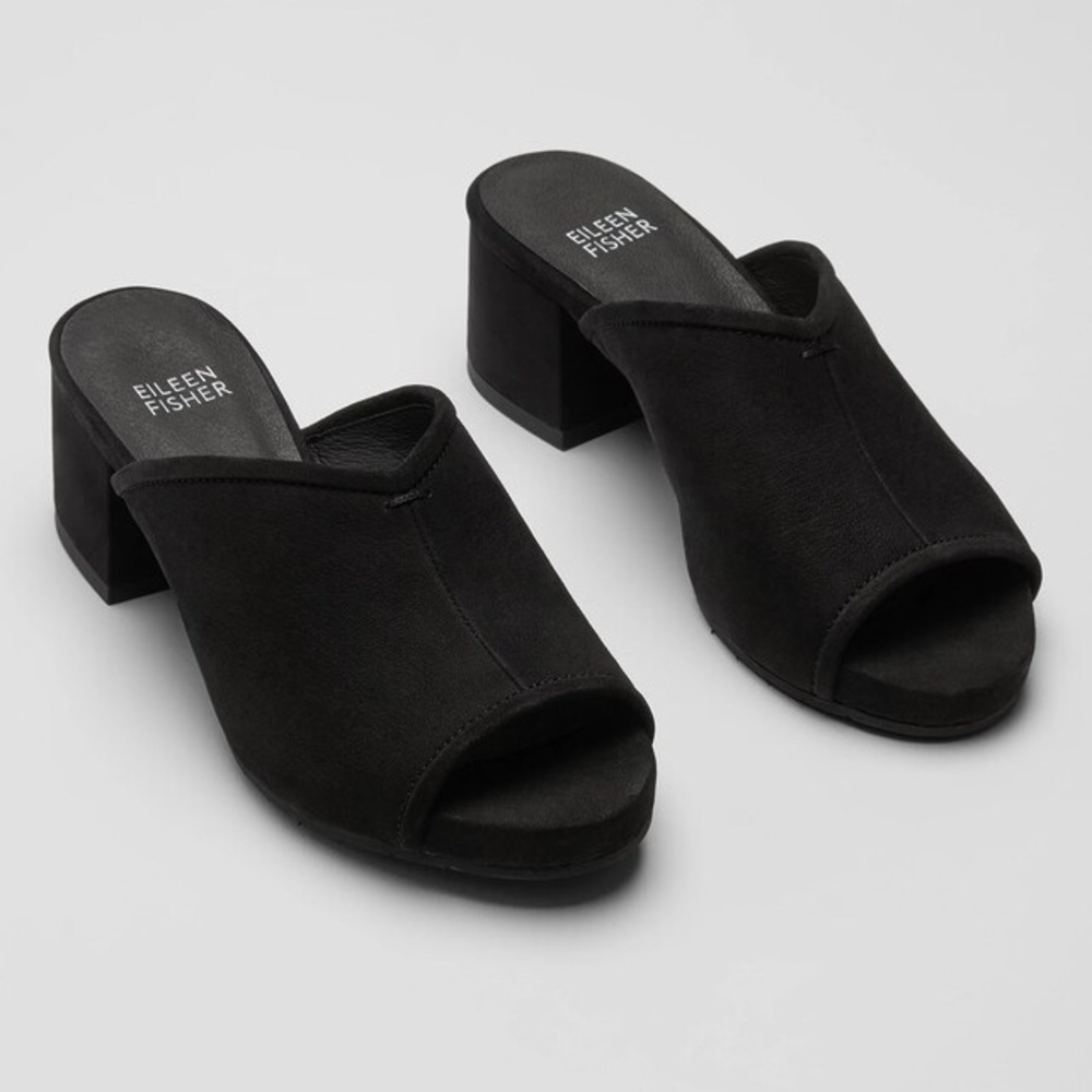 Eileen Fisher Fala Tumbled Nubuck Mule Heel Sandals – Black – Size 6